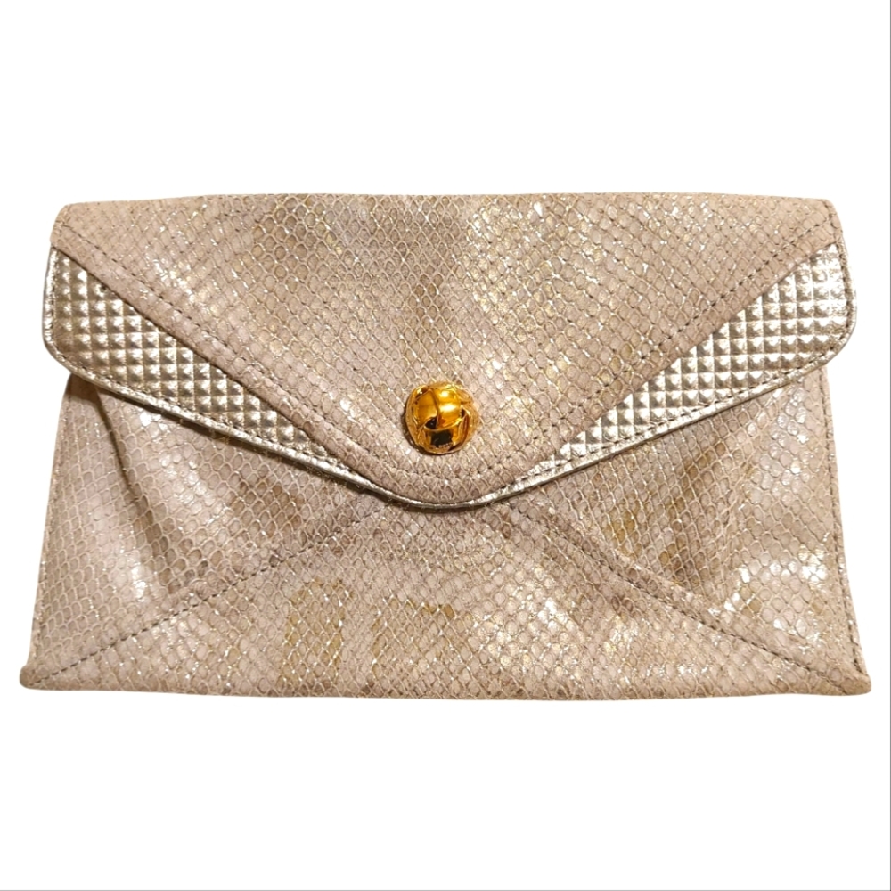 Henri Bendel Envelope Clutch Bag Snakeskin Gray Silver Lavender Snap Closure